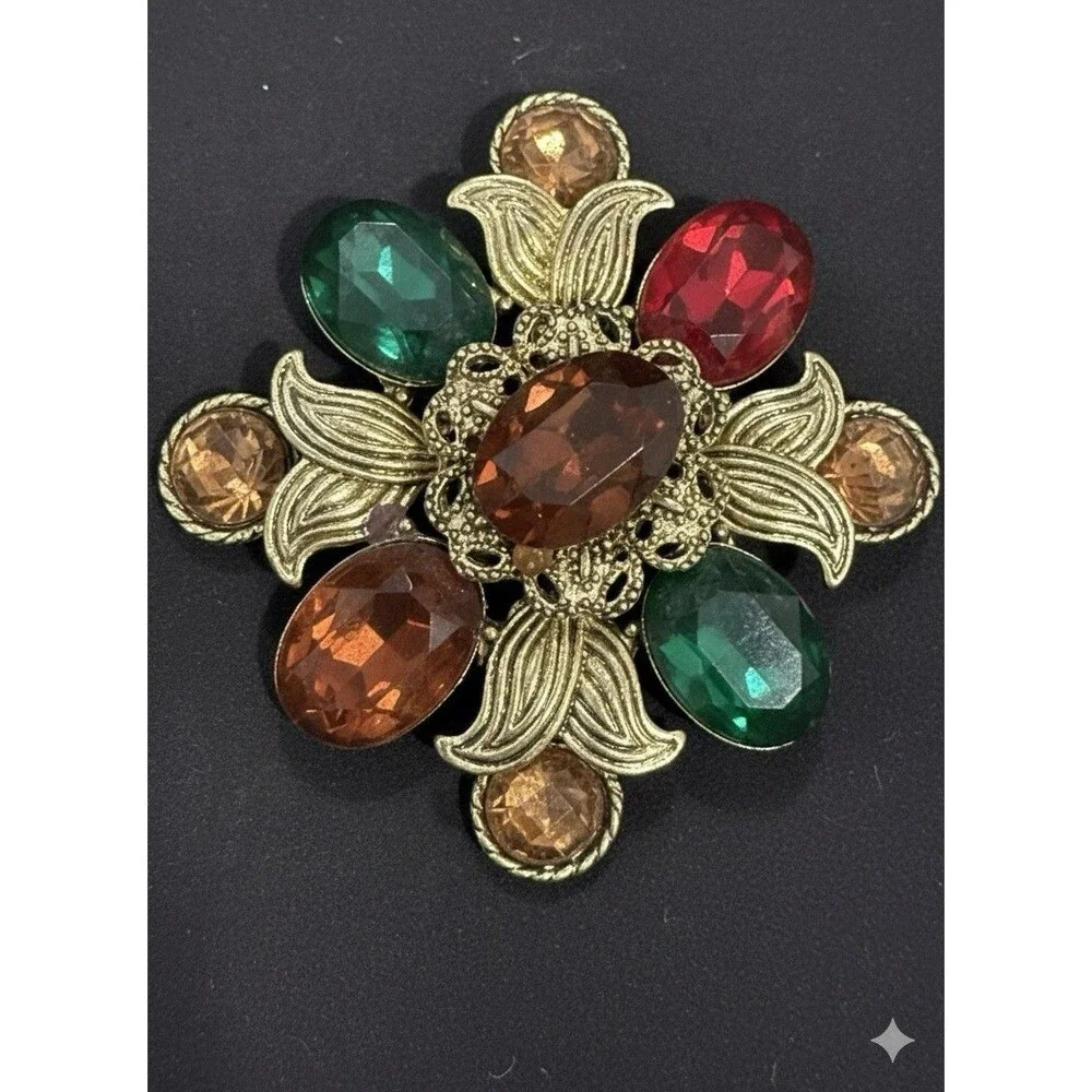 Large Gold Tone Floral Brooch - Multi-Color Faux Gemstone Pin Costume Jewelry